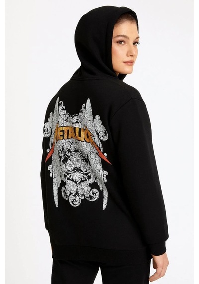 Mbb E-ticaret Metallica İki İplik Kapüşonlu Ön Ve Arka Baskılı Hoodie - Siyah