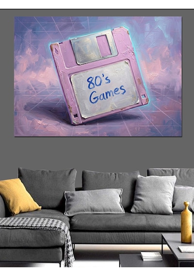 Pembe Disket 80's Games Tablosu Dekoratif Kanvas - Mdf Ahşap Tablo