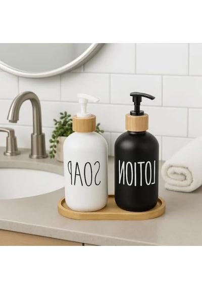 2 Li Cam Sıvı Sabunluk Ve Losyonluk Seti 500 Ml Siyah & Beyaz 12 Izgara