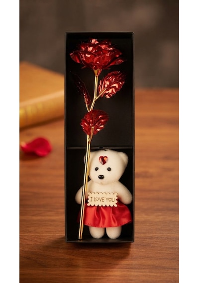 Sevgiliye Hediye Gold Folyo Gül Ve I Love You Yazılı Peluş Ayıcık Seti - Özel Kutulu