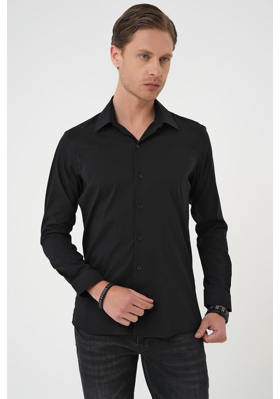 Efor Slim Fit Erkek Yaka Esnek Pamuk Klasik Beyaz Siyah Gömlek Gk 737 Siyah