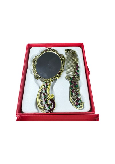 Tavus Kuşu Desenli Vintage Ayna Tarak Seti Özel Tasarım Ve Özel Kutulu 13,5 Cm & 13 Cm Çok Renkli