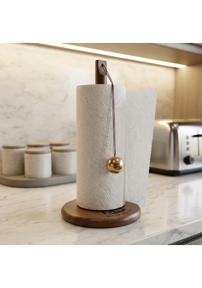 Doğal Bambu Bohem Top Tutacaklı Kağıt Havluluk - Dekoratif Ahşap Stand 30x14 Cm, Kahve Ve Bamb