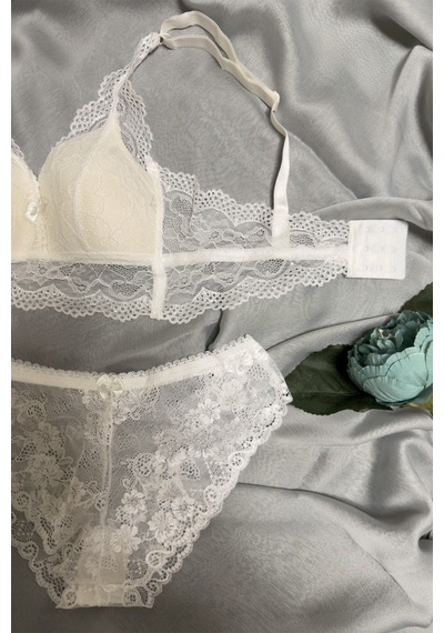 Kadın Üçgen Dantel Bralet Desteksiz Sütyen Takım Ekru