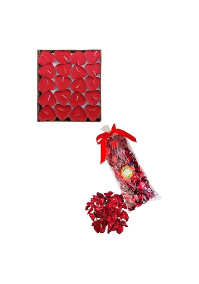 20 Kalpli Tealight Mum + 300 Kuru Gül Yaprağı Romantik Süs Kırmızı