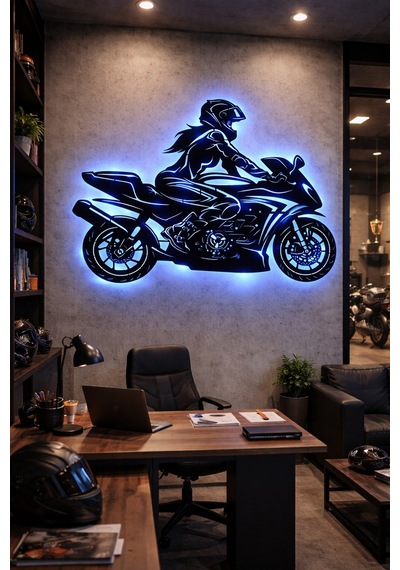 Lucenda Led Işıklı Kadın Motorcu Silüet Tablo Modern Motosiklet Duvar Dekoru Mavi - 865124191 Mavi