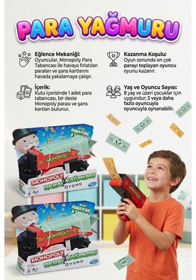 Monopoly Para Yağmuru 100 Adet Banknotlu 25 Adet Şans Kartlı Eğlenceli Aile Kutu Oyunu 1
