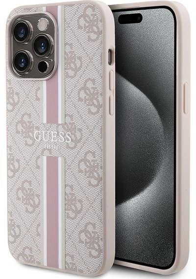 Apple Uyumlu iPhone 15 Pro Max Kılıf Guess Lisanslı Magsafe Şarj Özellikli 4g Şerit Tasarımlı Printed Kapak Pembe