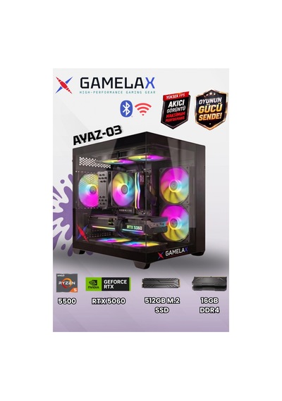 Gamelax Ayaz-03 R5-5500 16 GB 512 GB SSD 8 GB RTX5060 Dos Masaüstü Bilgisayar
