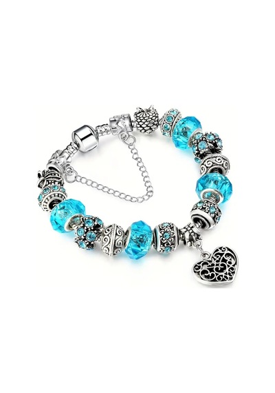 Yeni Tarz ,mavi Otantik Taşlı Crystal Kalp , Sevgi Charmlı Bileklik, Ahşap Kutu İçerisinde Gümüş Gümüş