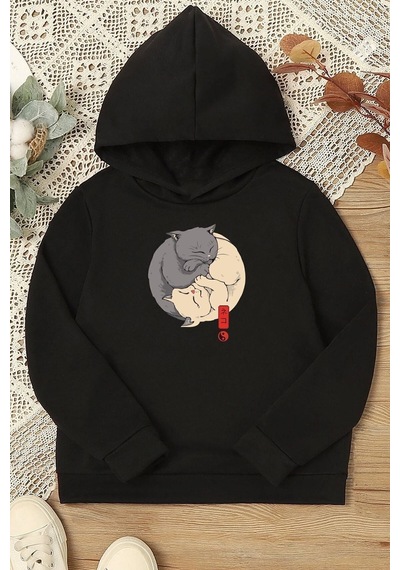Uyguntarz Çocuk Yin Yang Cats Baskılı Sweatshirt Siyah