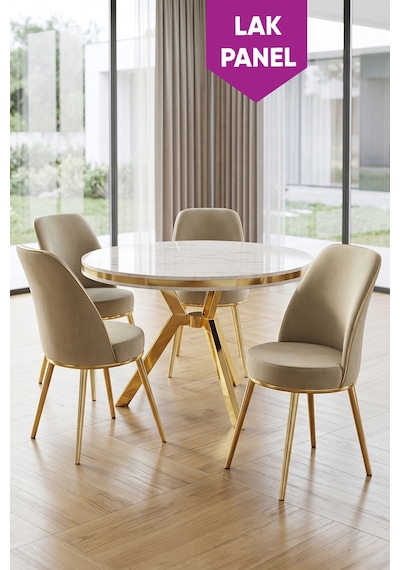 Natre Serisi 90x90 Lak Panel Beyaz Mermer Desen Gold Ayaklı Mutfak Masası Takımı Ve 4 Sandalye Beyaz Mermer Masa Krem Sandalye Natre Serisi 90x90 Lak Panel Beyaz Mermer Desen Gold Ayaklı Mutfak Masası Takımı Ve 4 Sandalye Beyaz Mermer Masa Krem Sandalye