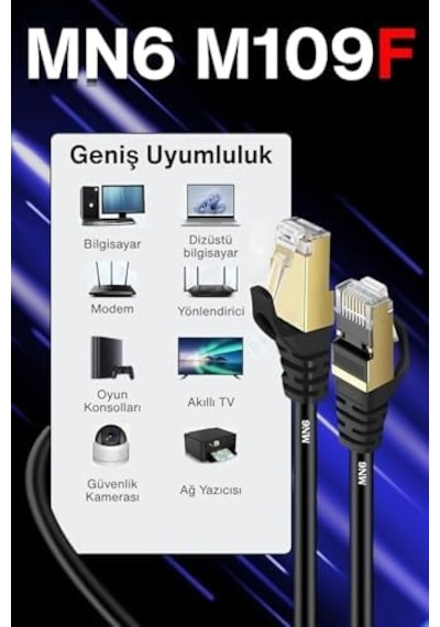 Mn6 M109f Cat7 Ethernet Kablosu 15 Metre, Bakır İletken, Stp, 10 Gbps, Altın Kaplama Rj45, 5g Modem Ve Router Uyumlu
