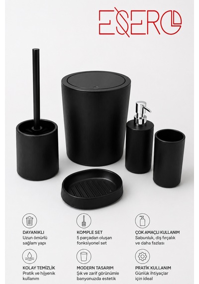 Mat Siyah 5'li Banyo Aksesuar Seti Modern Çizgili Tasarım Çöp Kovası, Wc Fırçası, Sıvı Sabunluk, Diş Fırçalık, Sabunluk
