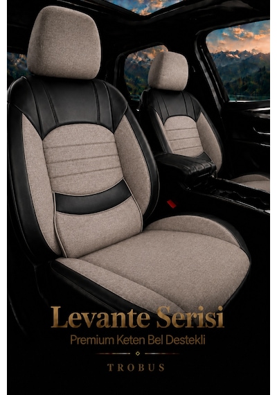 Levante Serisi Bel Destekli Keten Bej Siyah Üniversal Koltuk Kılıfı Tam Set