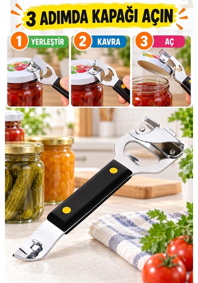 Metal Kavanoz Kapağı Ve Konserve Açacağı Siyah Saplı Çok Amaçlı Pratik Kapak Açıcı Gümüş
