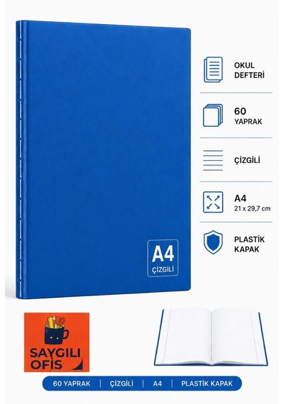 Saygılıofis 60 Yaprak A4 Dikişli Düz Pp Kapak Çizgili Defter Mavi