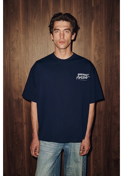 Grimelange Kyren Erkek Organik Pamuklu Önü Ve Arkası Baskılı Yuvarlak Yaka Lacivert T-shirt