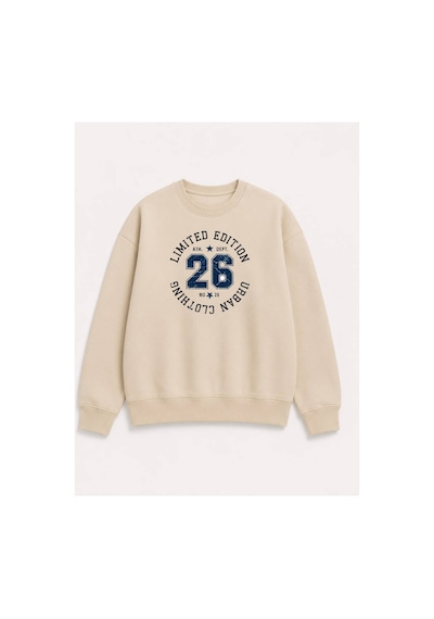 Herkesemoda Limited Edition Yazı Baskılı 2 İplik Şardonlu Bisiklet Yaka Sweatshirt Bej