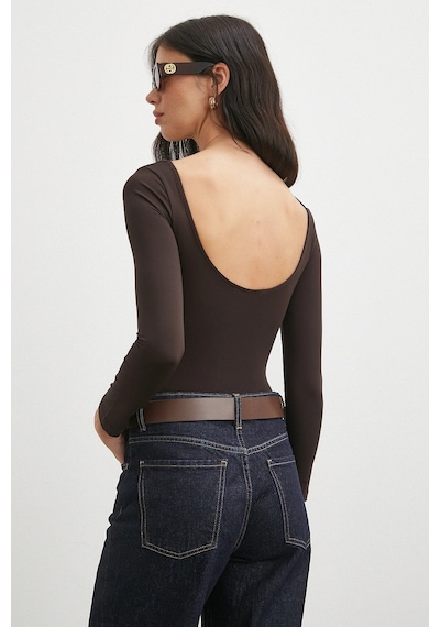 Never More U Yaka Uzun Kollu Çıtçıtlı Bodysuit Kahve Kahve