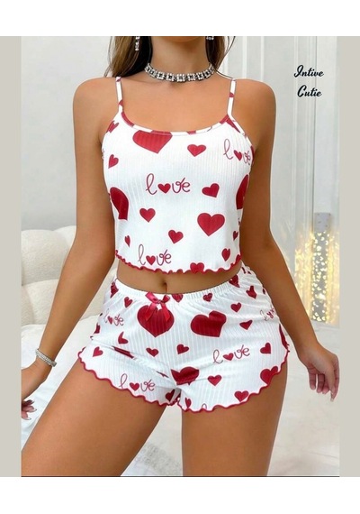 Intive Cutie Love Yazılı Kalp Desenli İnce Askılı Bralet Şort Takım/pijama Takımı Beyaz