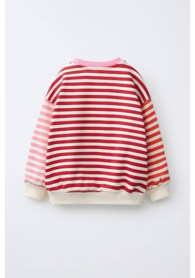 Minigimin Cicileri Çizgili Çilek Nakışlı Oversize Kız Çocuk Sweatshirt - Kırmızı