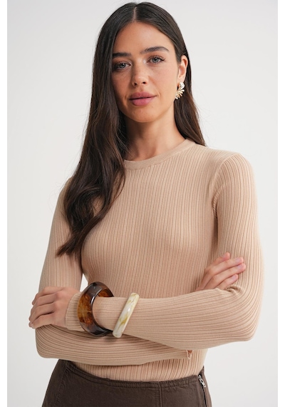 Mixray 6938 Kadın Bisiklet Yaka Fitilli Triko Body Camel