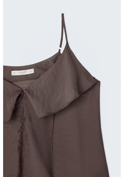 Sateen Fırfır Detaylı Askılı Bluz - Kahve-137722