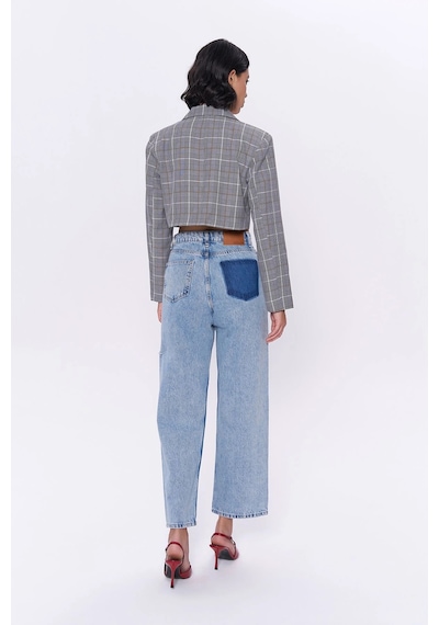 Kareli Çift Düğmeli Crop Blazer Ceket Gri Gri