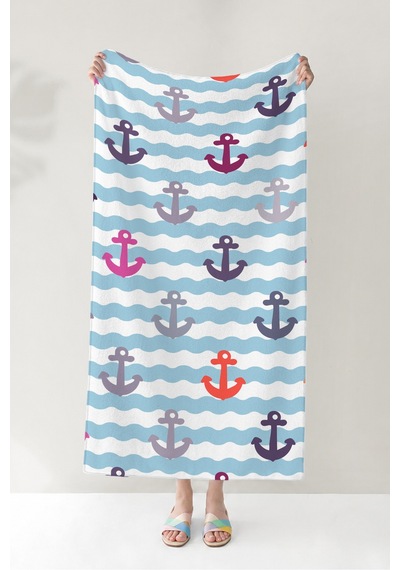 Çapa Marine Plaj Havlusu - Nautical Dalga Çizgili Mavi Beyaz Hızlı Kuruyan Mikrofiber Havlu Kumlu Ada