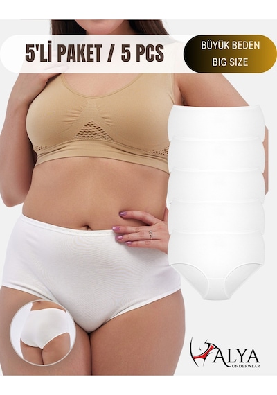 Alya Underwear Kadın Büyük Beden Külot Battal Full Brief, Yüksek Bel 5xl, 6xl, 7xl 5 Farklı Renk 1 Pakette Beyaz