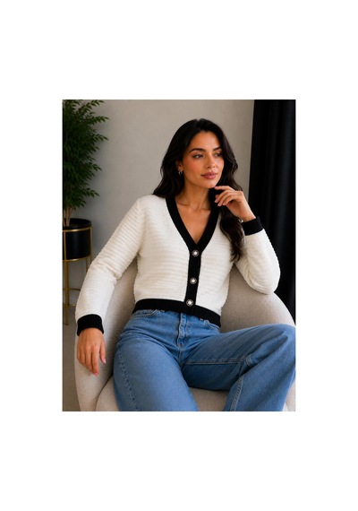Hira Life Fashion Kadın V Yaka Düğmeli Şeritli Kısa Crop Ceket-hırka Bej Bej