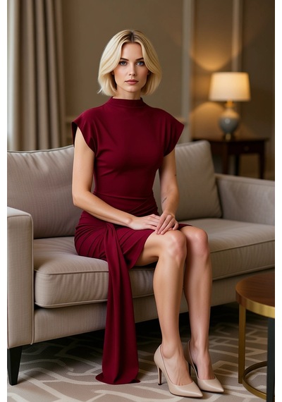 Benerly Kadın Dik Yaka Ay Kol Örme Bodycon Mini Elbise Aksesuar Detaylı F Bordo