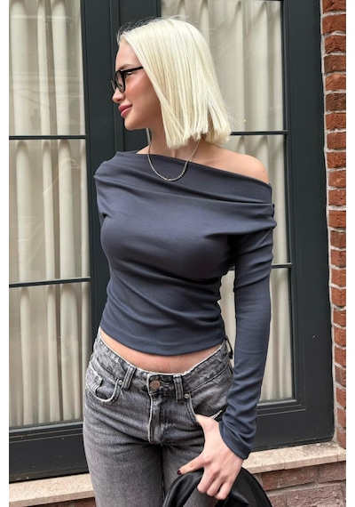 Madmext Füme Kadın Off Shoulder Uzun Kollu Bluz Mg2567 Füme