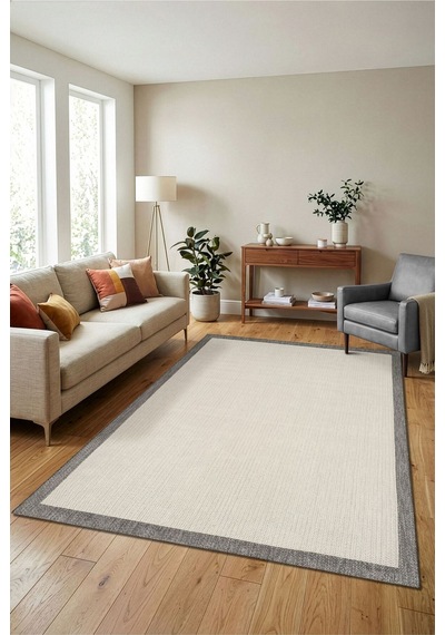 Leiva Home 6651 Krem Gri Bordür Çerçeveli Sisal Leke Tutmaz Makinede Yıkanabilir Kaymaz Halı Gri - Krem