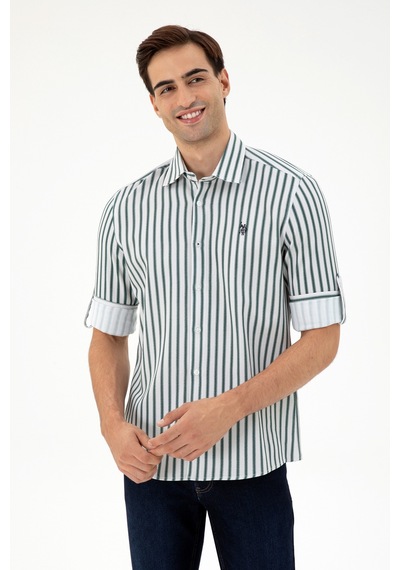 U.S. Polo Assn. Erkek Koyu Yeşil Çizgili Beyaz Gömlek 50296599-VR079