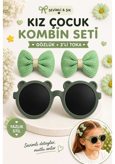 Kız Çocuk Kombin Seti Gözlük + 2 Li Toka Hafif, Şık Ve Yazlık Stil Yeşil