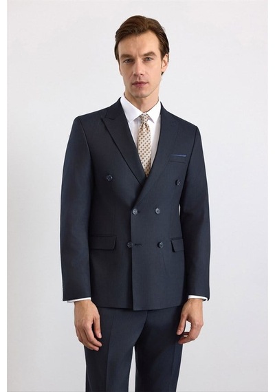Süvari Lacivert Slim Kruvaze Yaka Düz Pike Torba Cep Yıkamalı 6 Drop Takım Elbise Tk1006900397-m09