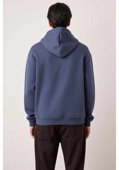 Benerly Erkek Kapüşonlu Düşük Kol Sweatshirt Slogan Nakışlı Fonksiyonel D Indigo