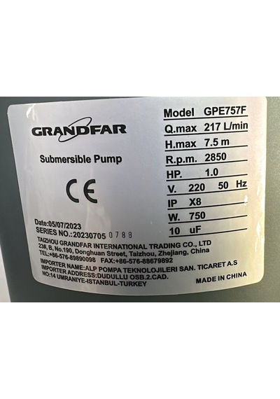 Grandfar Gpe757 Drenaj Pompası Elektrot Flatörlü- 750 Watt
