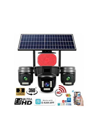 İronix Tp-16 4g Sim Kartlı 4k 9mp Solar Güvenlik Kamerası 3 Kameralı 360 Görüş Sirenli