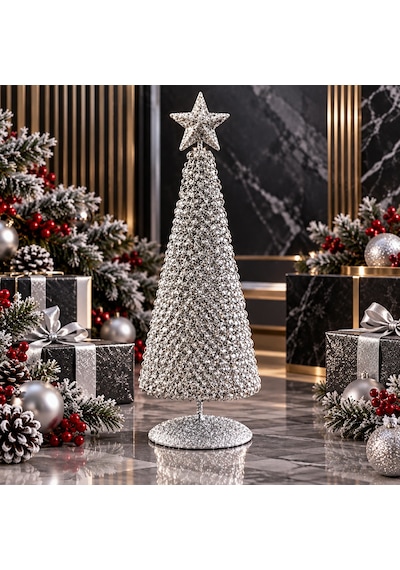 Özel Tasarım Metal 23 Cm Gümüş Yılbaşı Ağacı Metal Parlak Simli Gümüş Noel Ağacı Yılbaşı Çam Ağacı
