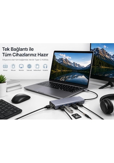 Denshi 11'i 1 Arada Usb-c Hub Type-c Çoklayıcı Hdmı 4k, Vga, Rj45 Ethernet, Sd/tf Kart Okuyucu, 100w Pd Şarj, 4x Usb 3.0 Macbook, Laptop, Tablet Uyumlu