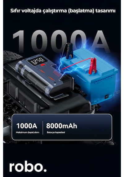 Robo Süper 4'lü Şarjlı Akü Ateşleyici Lastik Şişirici Powebank Led Işık 150psi Yüksek Basınçlı Gri
