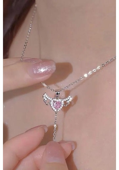 Hareketli Kanatlı Kalpli Pembe Taşlı Kadın Çelik Kolye Eck49b Gümüş