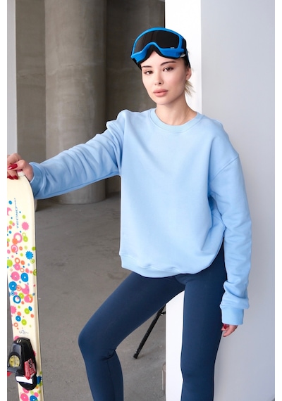 Justever Bisiklet Yaka Basic Kalıp Mavi Kadın Sweatshirt Eşofman Üstü - Aura Mavi