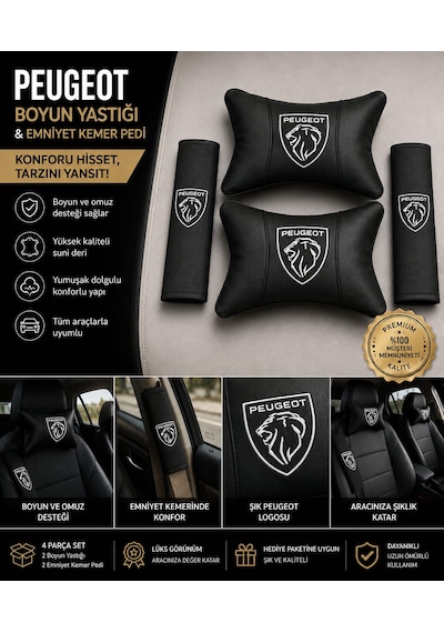 Peugeot Deri Yastık Ve Kemer Pedi Oto Boyun Yastığı Güvenli Sürüş Deri Konfor Siyah