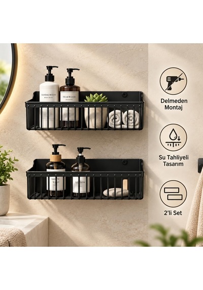 Lexroo 2 Li Yapışkanlı Banyo Ve Mutfak Rafı, Siyah Plastik 25 X 10 X 10 Cm
