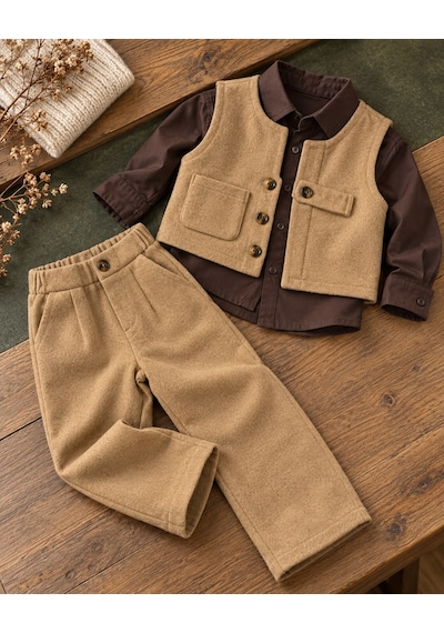 Kız - Erkek Çocuk Unisex Model Retro Kaşe Alt Üst Takım -gömlek Pantolon Yelek 3 Parça Kahverengi Kız - Erkek Çocuk Unisex Model Retro Kaşe Alt Üst Takım -gömlek Pantolon Yelek 3 Parça Kahverengi