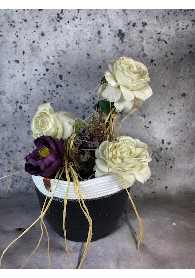Mavaux Dekoratif Jüt Saplı Hasır Sepet Saksı 20cm X 20 Cm, Jüt Bej Saksılık, Dekoratif Saksı Ve Havluluk Siyahbeyaz